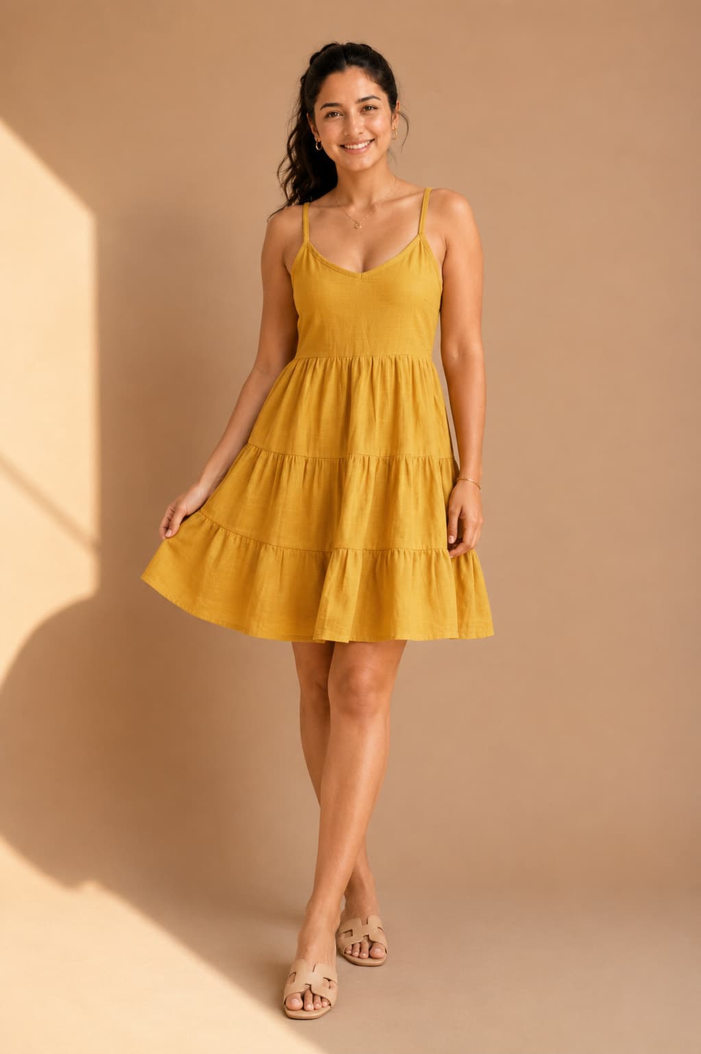 Golden Marigold Pure Cotton Tiered Mini Dress - Ivearaa