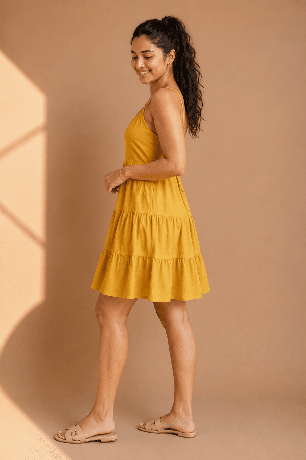 Golden Marigold Pure Cotton Tiered Mini Dress - Ivearaa