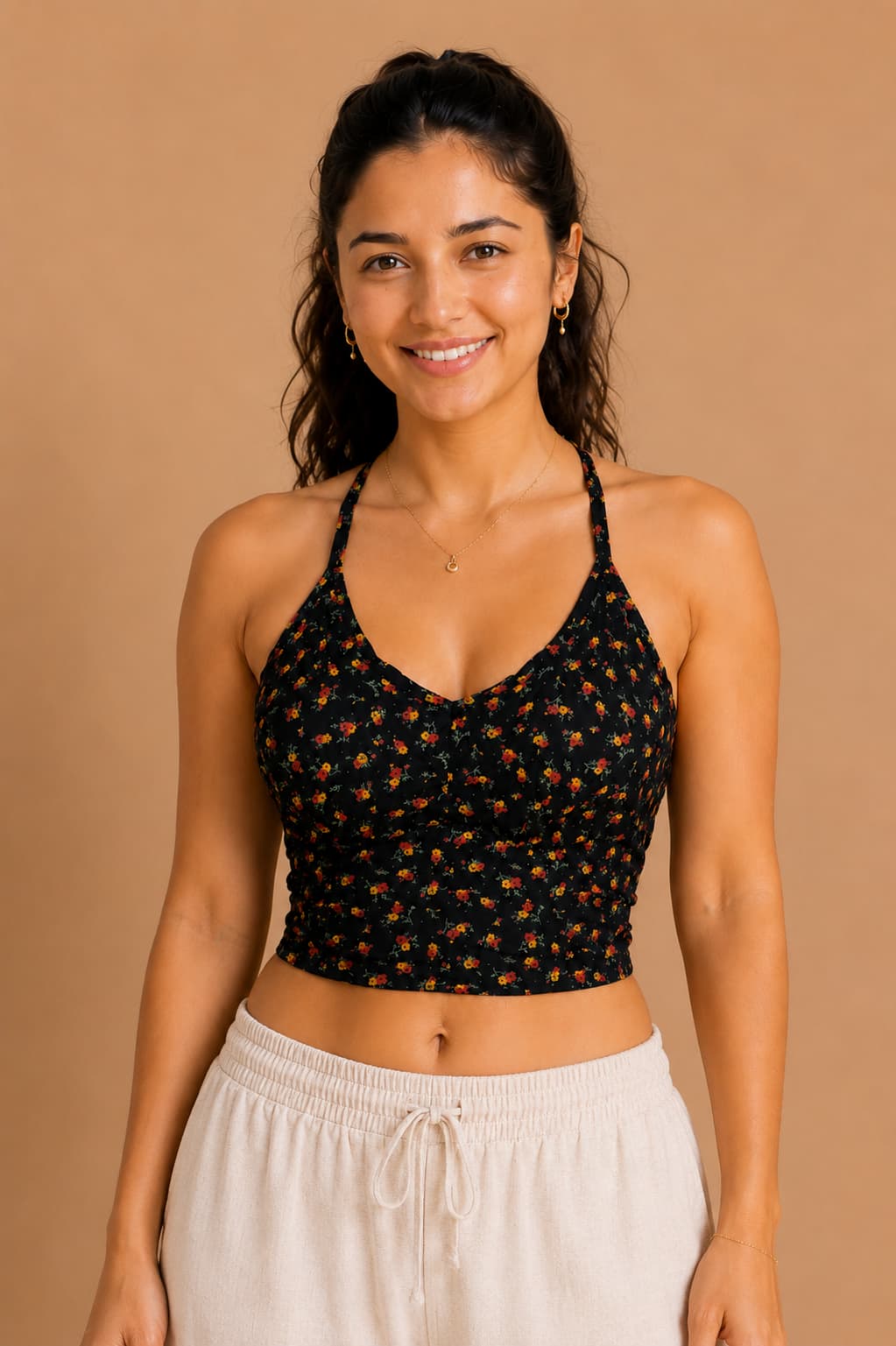 Ivearaa Midnight Bloom Women Floral Print Premium Rayon Halter Neck Crop Top