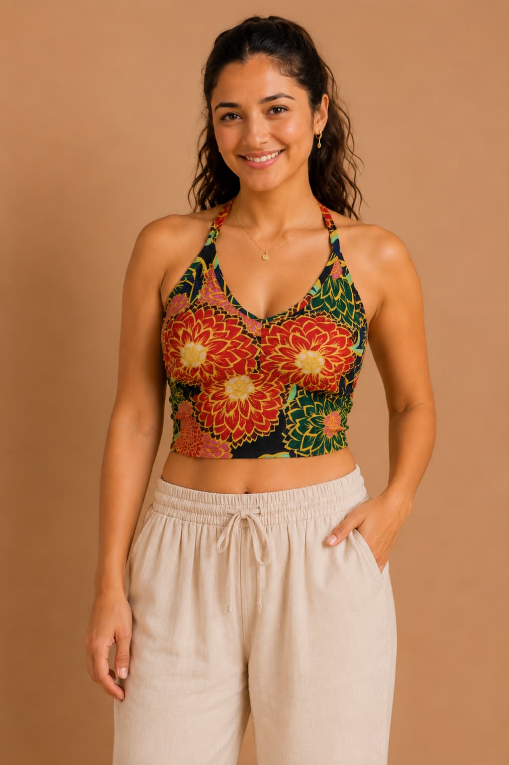 Ivearaa Sunset Garden Women Floral Print Premium Rayon Halter Neck Crop Top