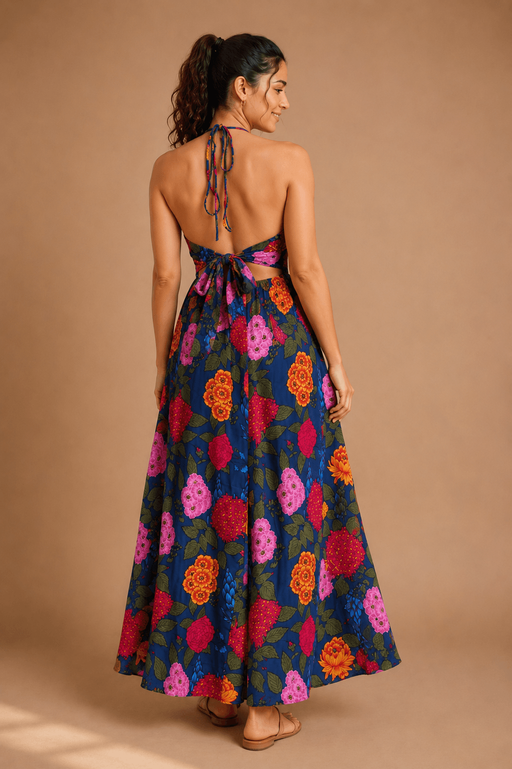 Ivearaa Women Royal Bloom Floral Printed Halter Neck Pure Rayon Maxi Dress | Sleeveless Fit & Flare Flowy Vacation, Casual & Resort Wear Long Dress