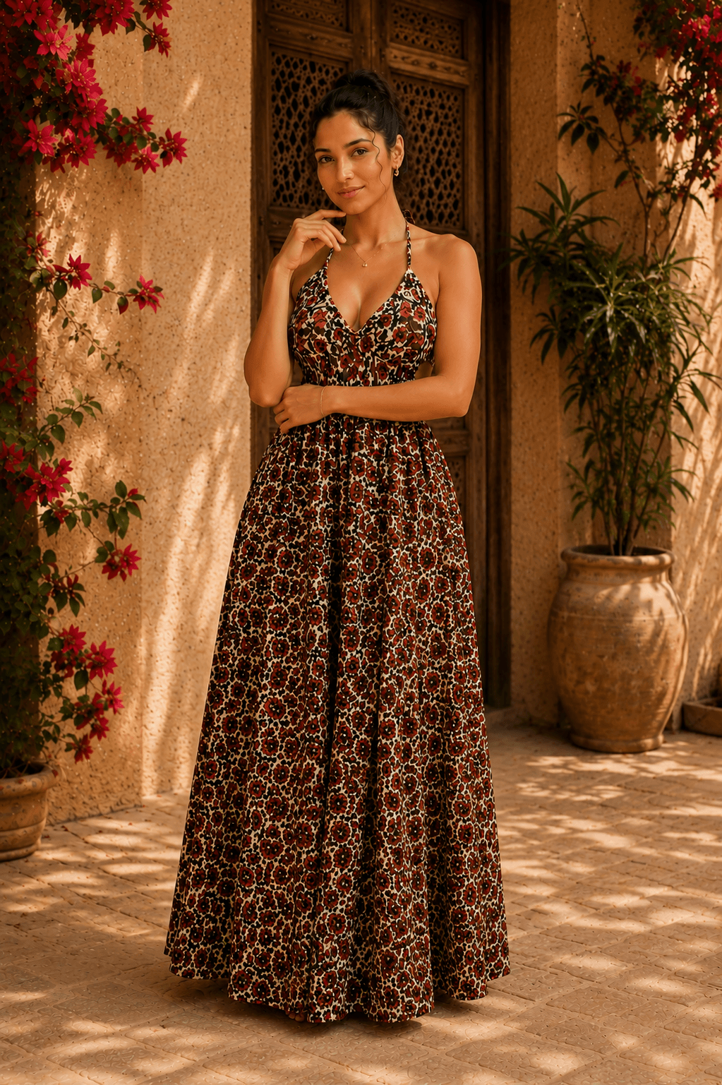 Ivearaa Women Midnight Black Floral Printed Halter Neck Pure Rayon Maxi Dress | Sleeveless Fit & Flare Flowy Vacation, Casual & Resort Wear Long Dress