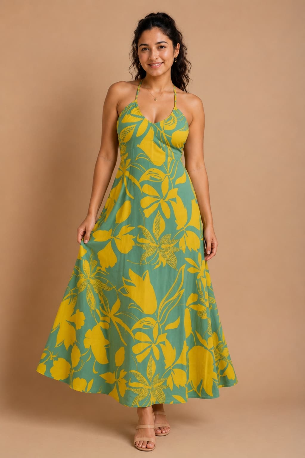 Ivearaa Women Sunshine Tropic Printed Halter Neck Pure Rayon Maxi Dress | Sleeveless Fit & Flare Flowy Casual Vacation Beach & Resort Wear Long Dress