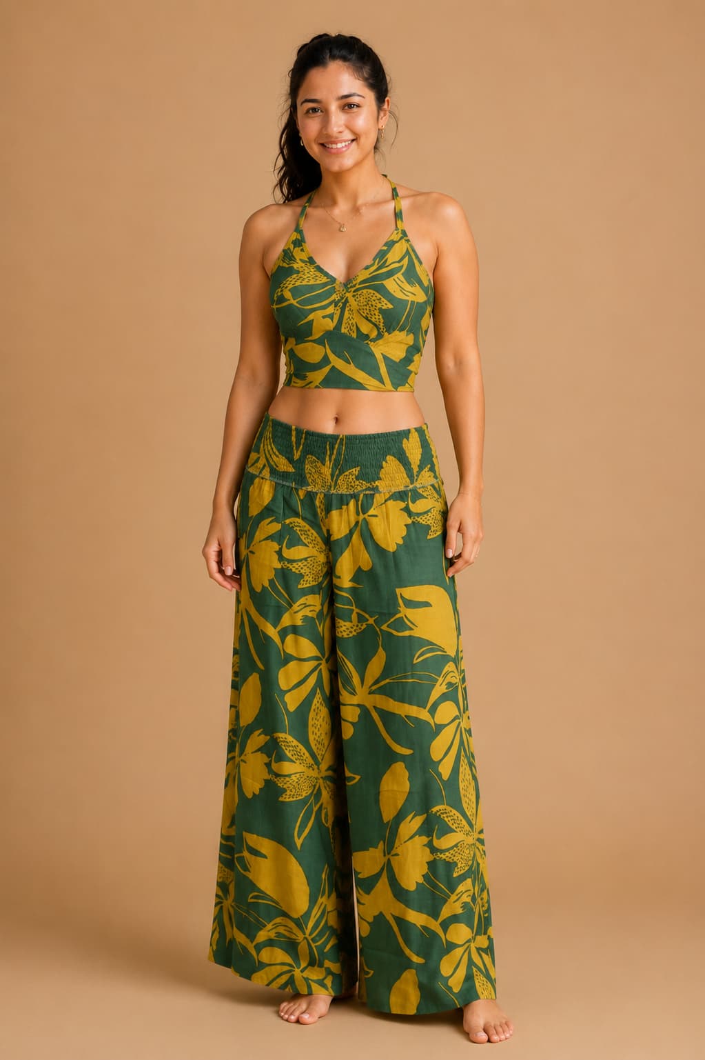 Golden Tropica Leaf Printed Co-Ord Set for Women | Halter Neck Crop Top with Wide Leg Palazzo Pants | Tropical Rayon Resort Wear Co-Ord - Ivearaa