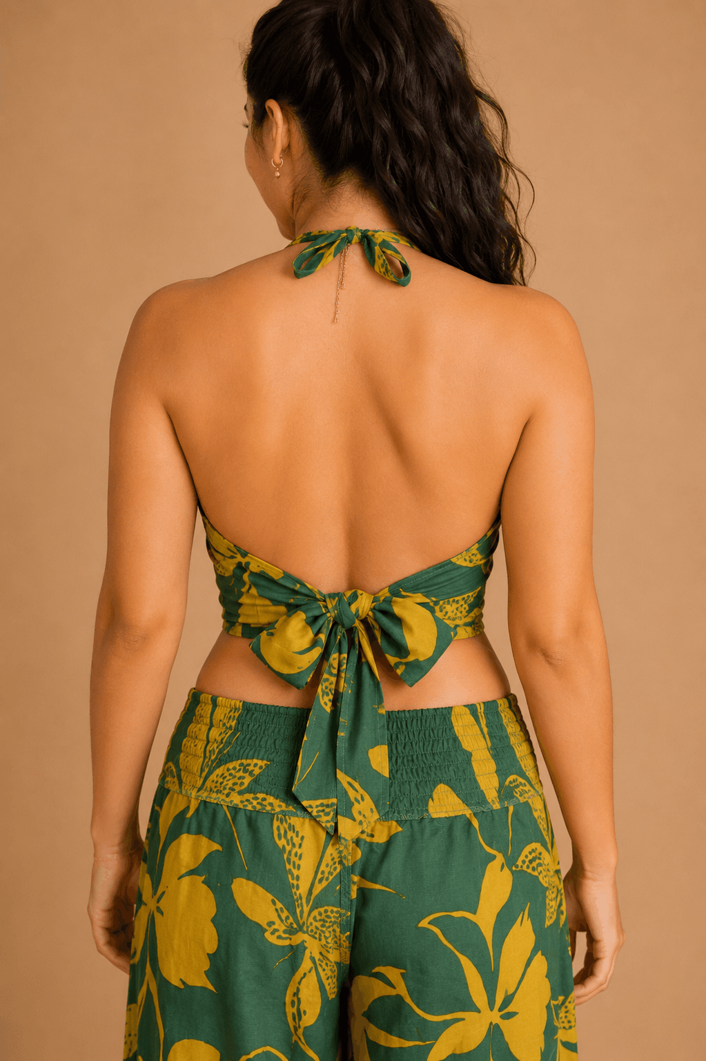 Golden Tropica Leaf Printed Co-Ord Set for Women | Halter Neck Crop Top with Wide Leg Palazzo Pants | Tropical Rayon Resort Wear Co-Ord - Ivearaa