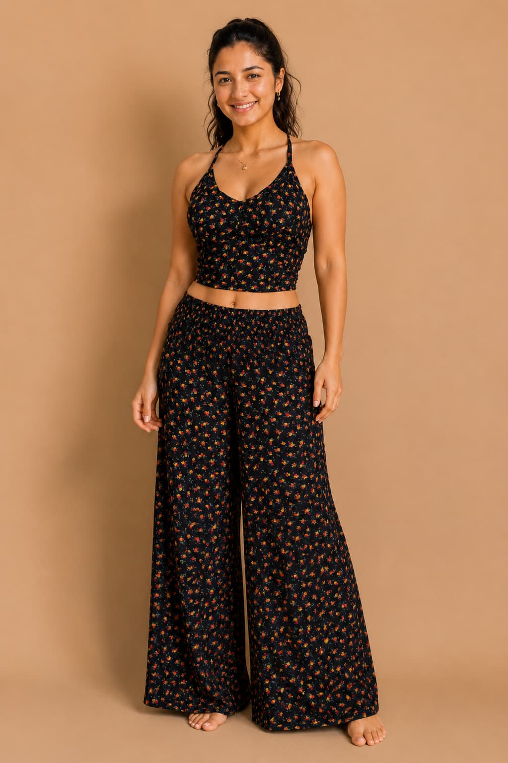 Midnight Wildflower Drift Floral Co-Ord Set for Women | Backless Halter Crop Top with Wide Leg Palazzo Pants | Rayon Resort Wear Co-Ord - Ivearaa