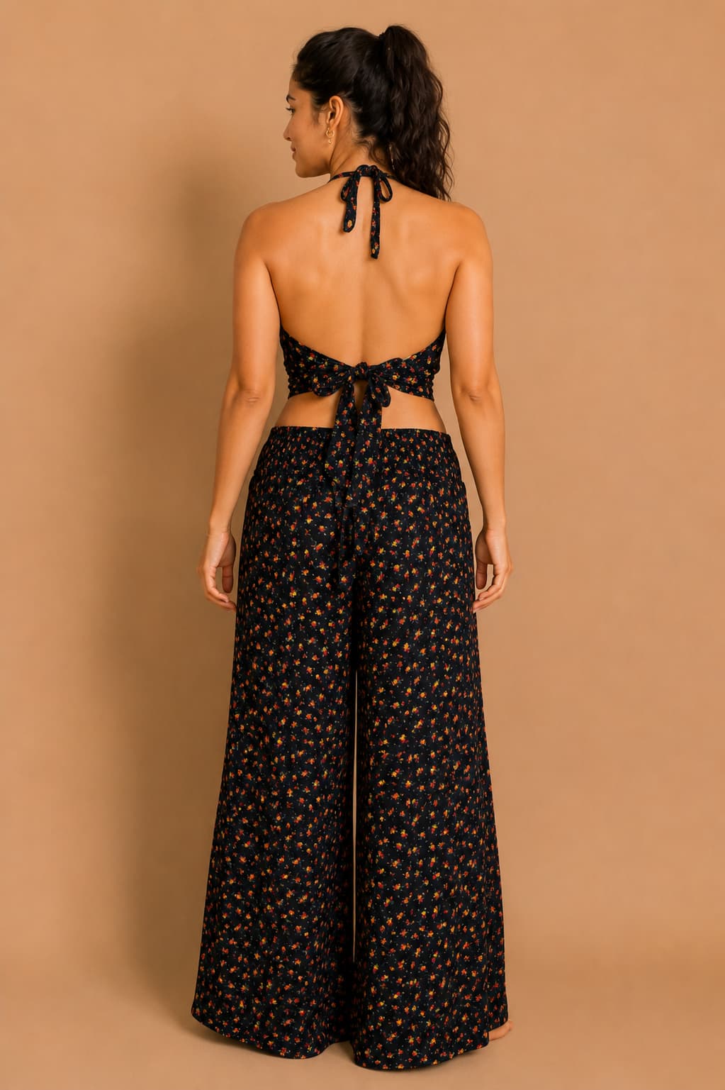 Midnight Wildflower Drift Floral Co-Ord Set for Women | Backless Halter Crop Top with Wide Leg Palazzo Pants | Rayon Resort Wear Co-Ord - Ivearaa
