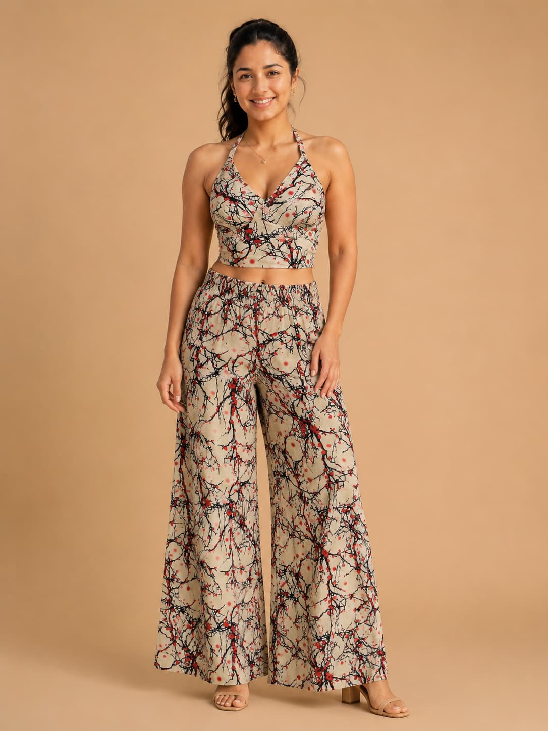 Ivory Ember Bloom Floral Co-Ord Set for Women | Backless Halter Crop Top with Wide Leg Palazzo Pants | Resort Wear Rayon Co-Ord - Ivearaa