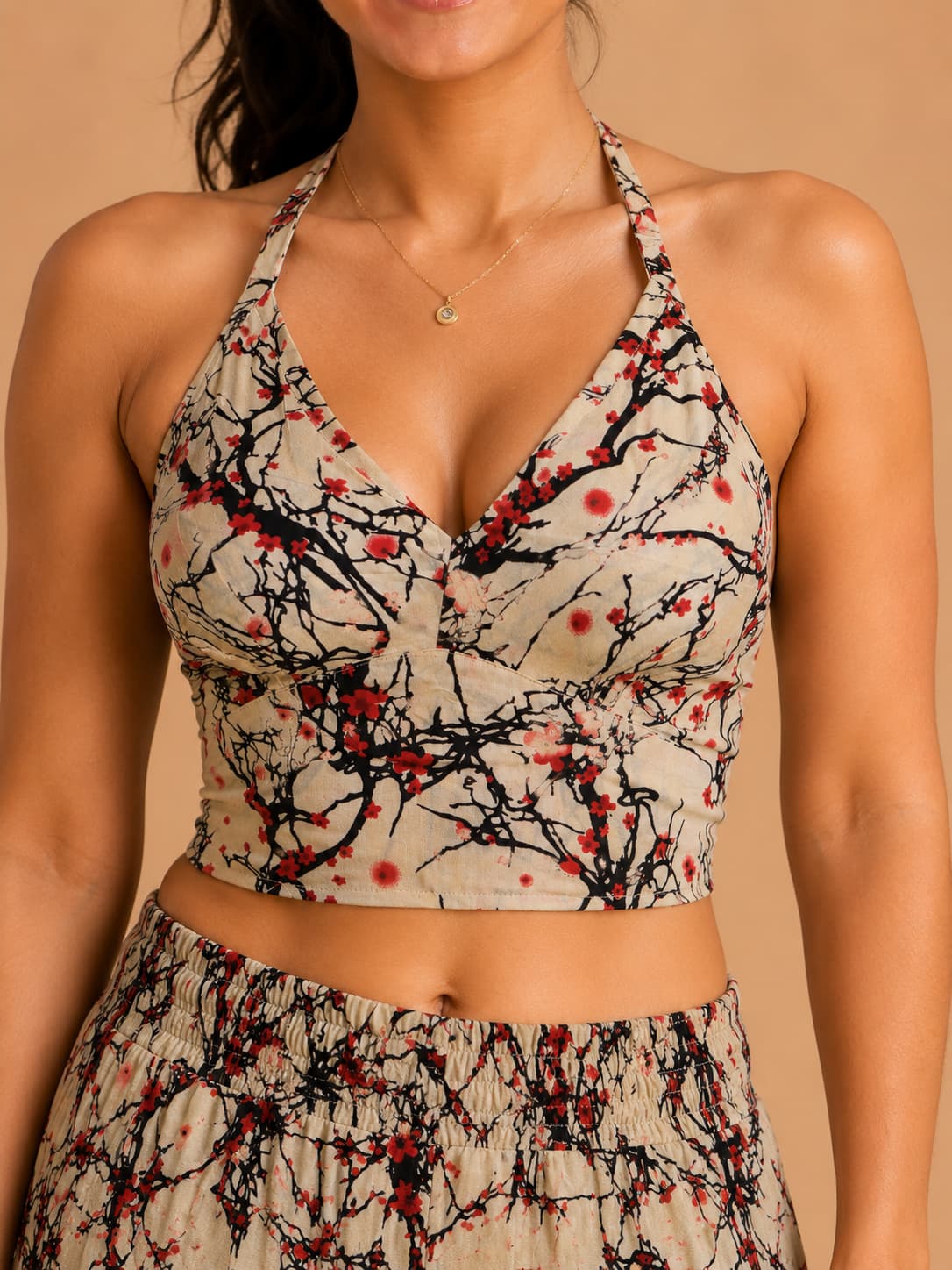Ivory Ember Bloom Floral Co-Ord Set for Women | Backless Halter Crop Top with Wide Leg Palazzo Pants | Resort Wear Rayon Co-Ord - Ivearaa