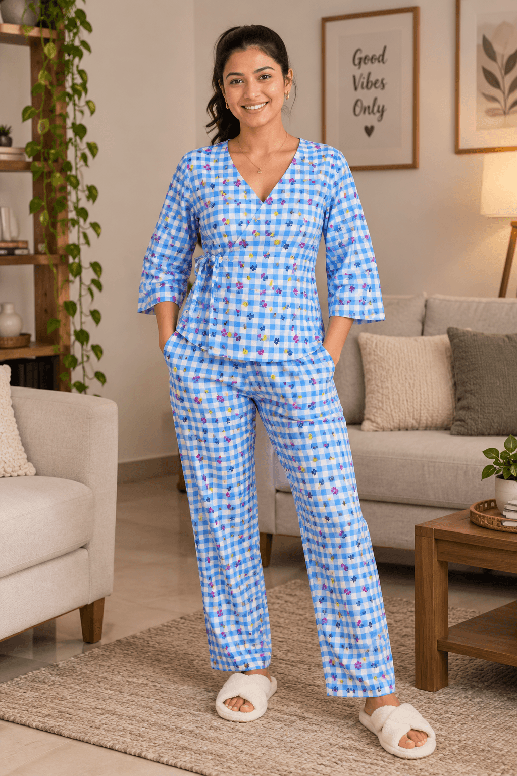 Women’s Co-Ord Set – 100% Cotton Floral Gingham Checkered Top & Pants | IVEARA
