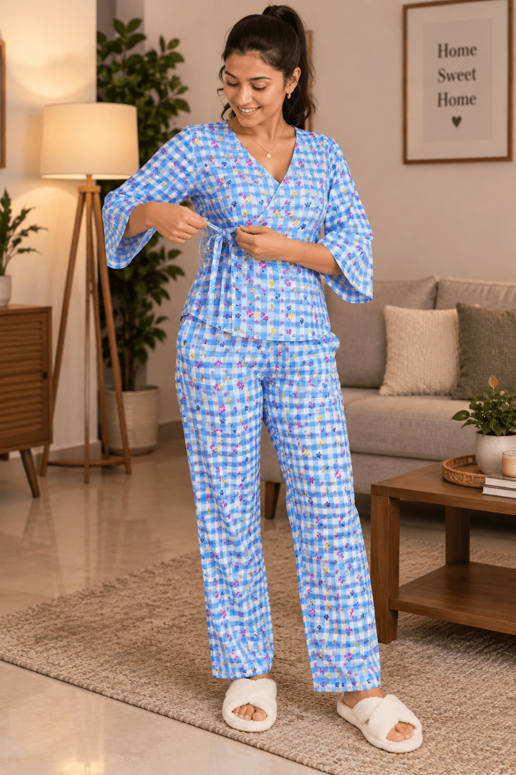 Women’s Co-Ord Set – 100% Cotton Floral Gingham Checkered Top & Pants | IVEARA